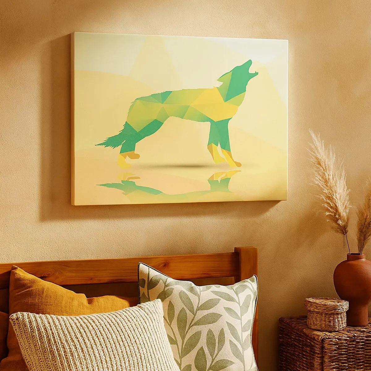 Bild auf Leinwand - Leinwandbild - Geometrische Wolfssilhouette in Grün- und Gelbtönen - 70x50cm - Ein einsamer Wolf - Moderne Wanddekoration für Wohnzimmer und Schlafzimmer ARTTOR