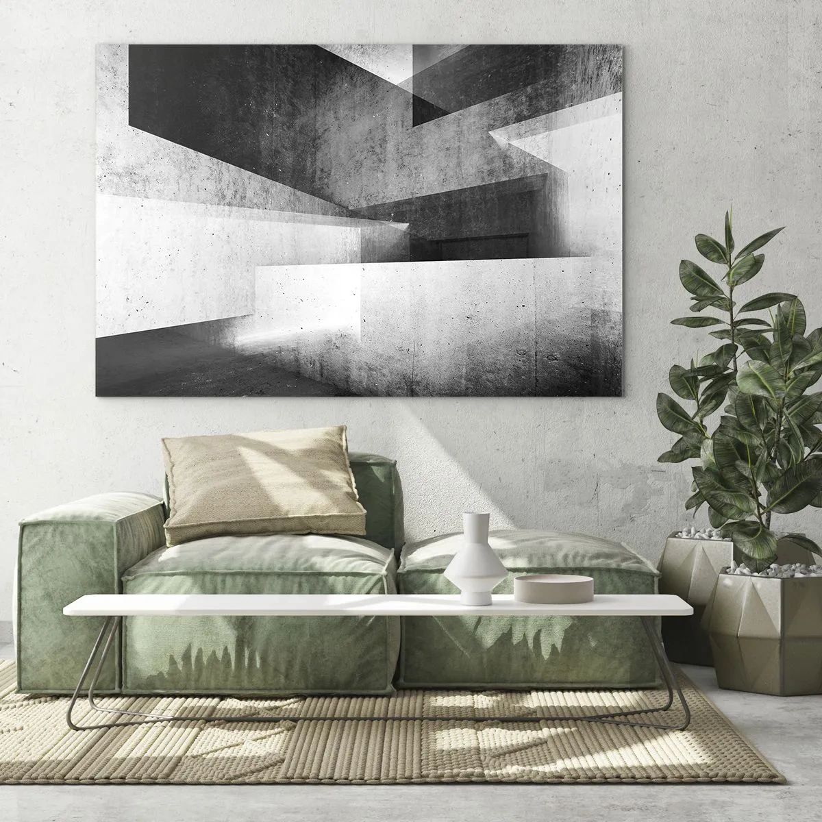 Glasbild - Bild auf glas - Geometrische Betonformen in Schwarz-Weiß-Tönen - 120x80cm - Die Raumstruktur - Moderne Wanddekoration für Wohnzimmer und Schlafzimmer ARTTOR