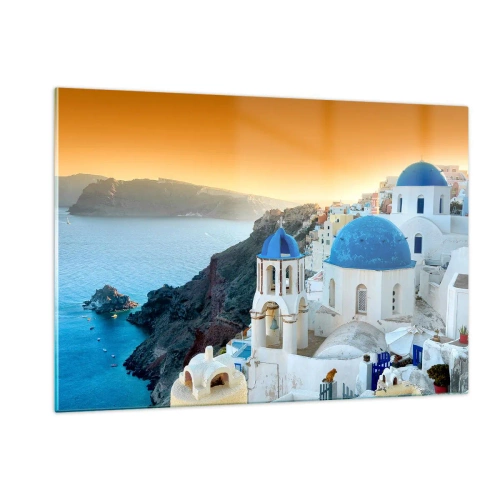 Glasbild - Bild auf glas - Blick auf Santorin mit seinen blauen Kuppeln und Klippen - 120x80cm - Santorini - an die Felsen gekuschelt - Moderne Wanddekoration für Wohnzimmer und Schlafzimmer ARTTOR