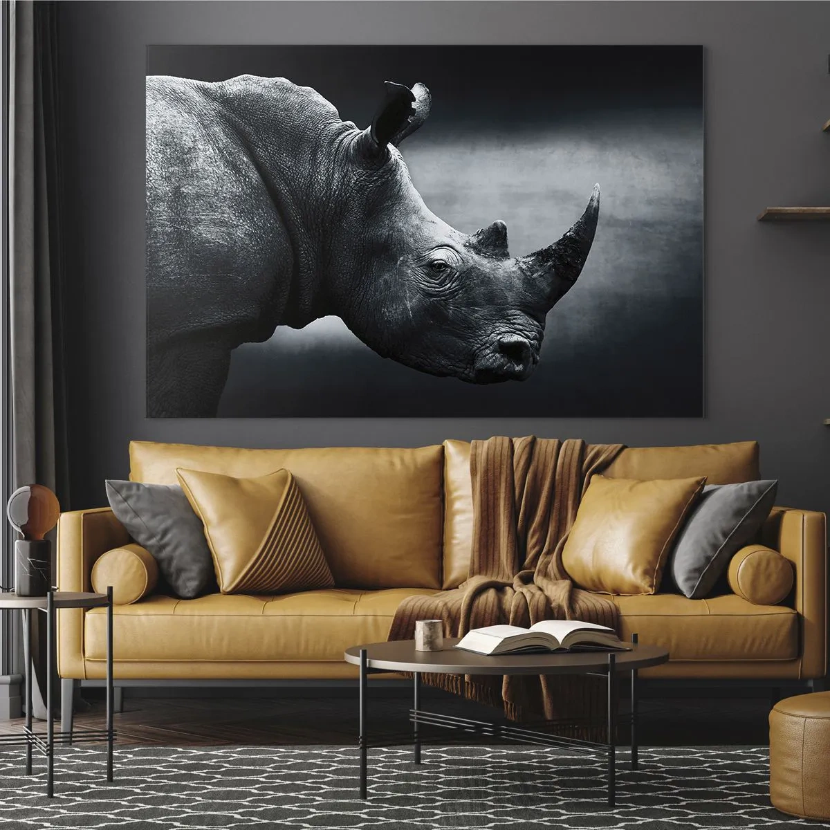 Glasbild - Bild auf glas - Schwarz-Weiß-Aufnahme eines Nashorns - 70x50cm - Richtiges Profil - Moderne Wanddekoration für Wohnzimmer und Schlafzimmer ARTTOR