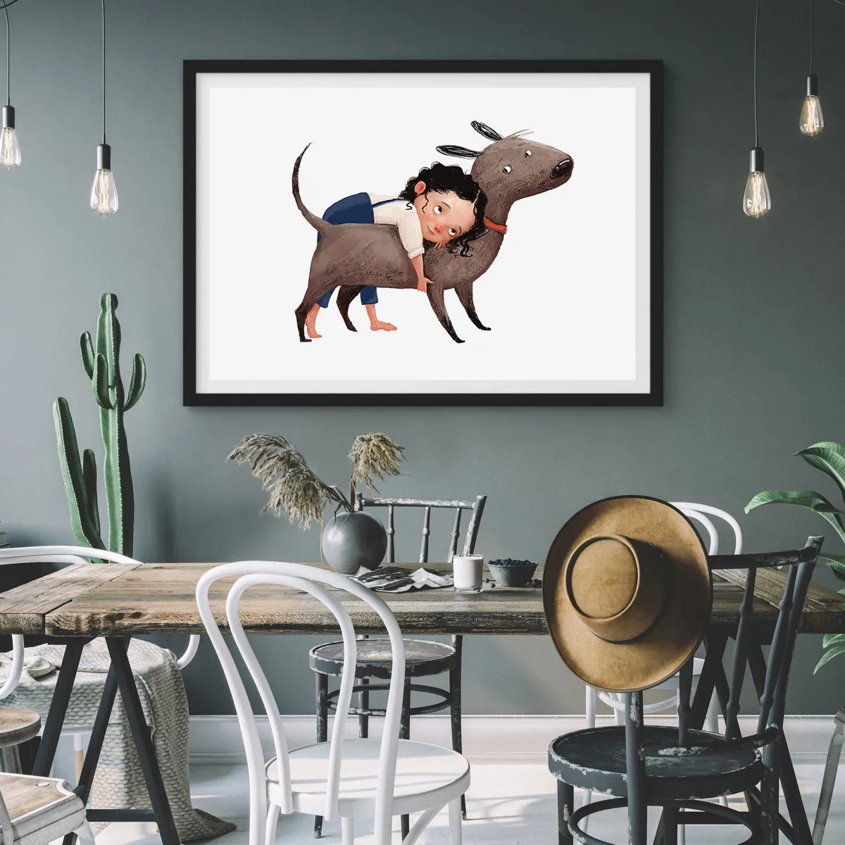 Poster in einem schwarzem Rahmen - Cartoonartige Illustration eines Kindes, das einen Hund umarmt - 70x50cm - Beste Freunde - Moderne Wanddekoration für Wohnzimmer und Schlafzimmer ARTTOR