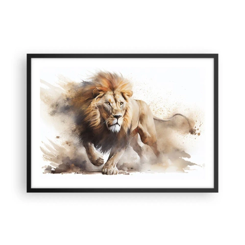 Poster in einem schwarzem Rahmen - Ein dynamisches Porträt eines Löwen in natürlichen Farben. - 70x50cm - Der König zog um - Moderne Wanddekoration für Wohnzimmer und Schlafzimmer ARTTOR