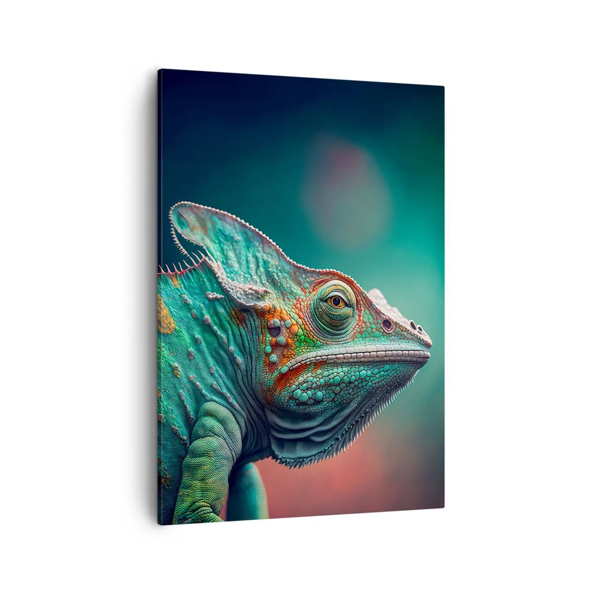 Bild auf Leinwand - Leinwandbild - Nahaufnahme eines Chamäleons in intensiven Farben - 50x70cm - Siehst du mich? Nicht gut… - Moderne Wanddekoration für Wohnzimmer und Schlafzimmer ARTTOR