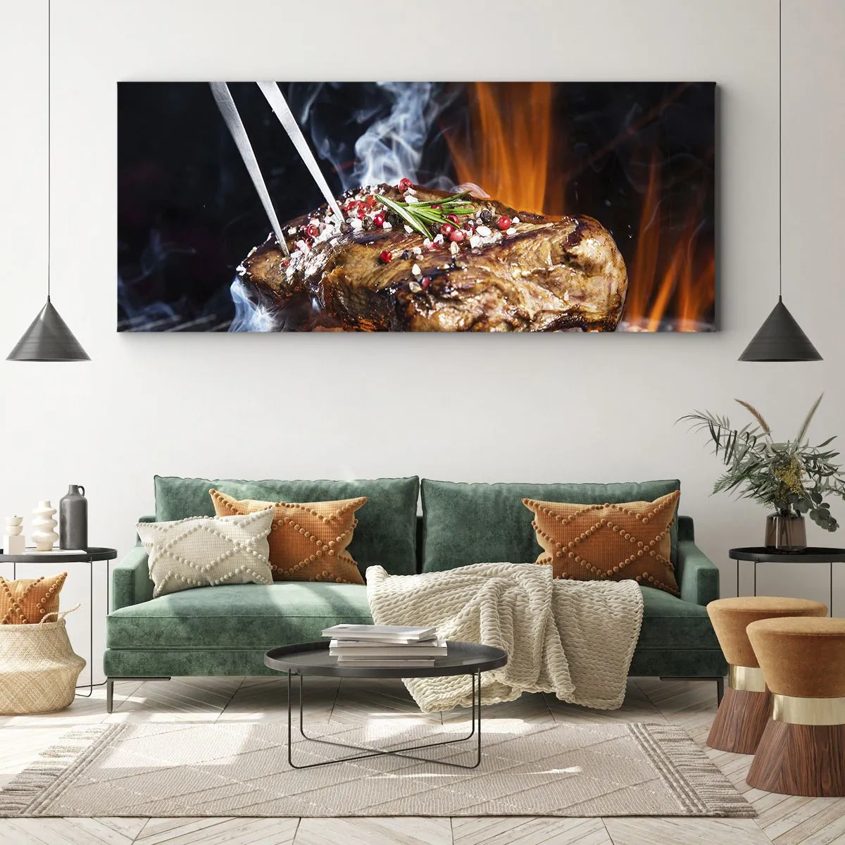 Bild auf Leinwand - Leinwandbild - Gegrilltes Steak auf einem Grill mit Gewürzen - 140x50cm - Saftig und duftend - Moderne Wanddekoration für Wohnzimmer und Schlafzimmer ARTTOR