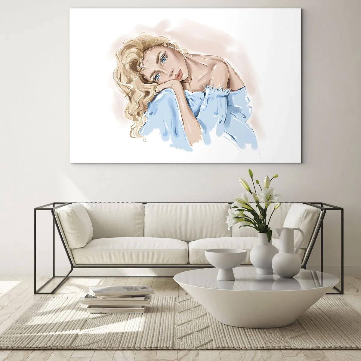 Glasbild - Bild auf glas - Porträt einer Blondine im blauen Kleid mit nachdenklichem Blick - 70x50cm - Verträumt im Blau - Moderne Wanddekoration für Wohnzimmer und Schlafzimmer ARTTOR