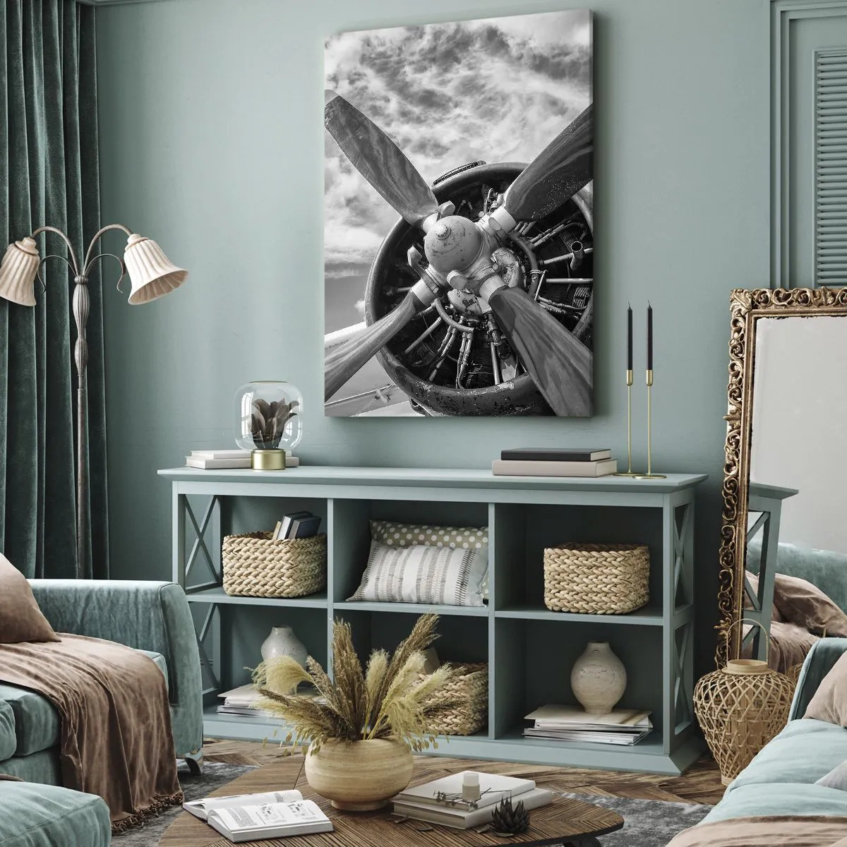 Bild auf Leinwand - Leinwandbild - Ein Schwarzweißfoto eines Flugzeugpropellers vor einem dynamischen Himmel. - 70x100cm - Eroberer der Lüfte - Moderne Wanddekoration für Wohnzimmer und Schlafzimmer ARTTOR