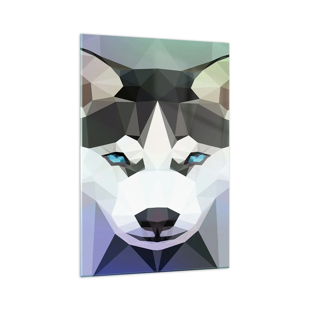Glasbild - Bild auf glas - Geometrischer Wolf mit ausdrucksstarken blauen Augen - 70x100cm - Die Erinnerung an den Schnee des Nordens - Moderne Wanddekoration für Wohnzimmer und Schlafzimmer ARTTOR