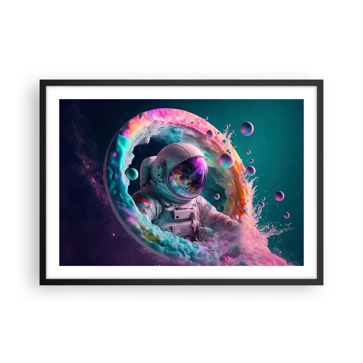 Poster in einem schwarzem Rahmen - Astronaut in einer farbenfrohen kosmischen Aura - 70x50cm - Sternentor - Moderne Wanddekoration für Wohnzimmer und Schlafzimmer ARTTOR