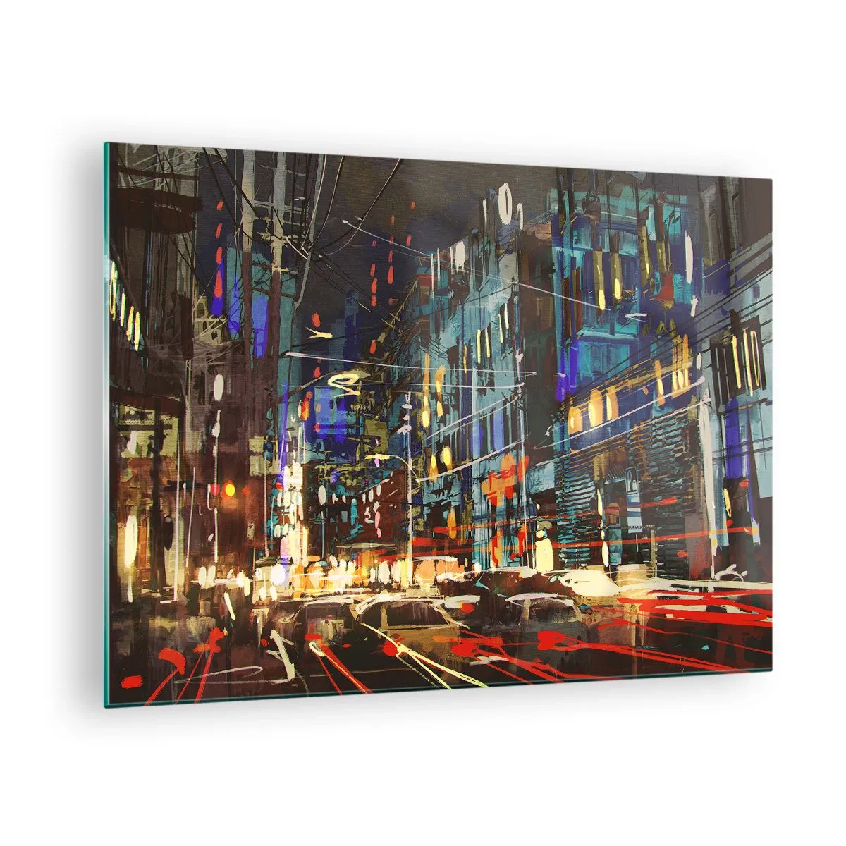 Glasbild - Bild auf glas - Abendliche Stadtstraße mit Neonlichtern und Verkehr - 70x50cm - Abendlicher Straßentrubel - Moderne Wanddekoration für Wohnzimmer und Schlafzimmer ARTTOR