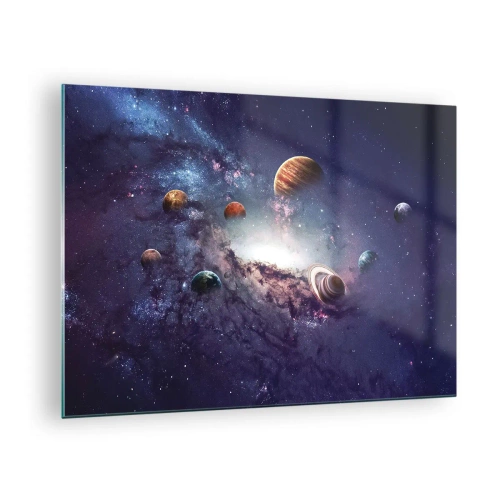 Glasbild - Bild auf glas - Eine phantasievolle Vision von Planeten, die im Weltraum kreisen - 70x50cm - Solar-Tanz-System - Moderne Wanddekoration für Wohnzimmer und Schlafzimmer ARTTOR