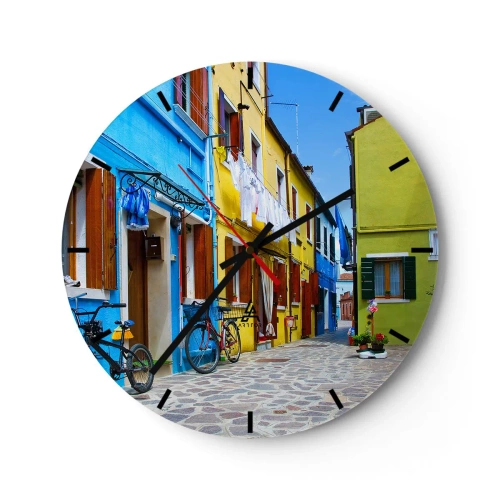 Wanduhr - Glasuhr - Bunte Mietshäuser mit einer engen Kopfsteinpflasterstraße - 30x30cm - Pastell, süße Gasse - Moderne Wanddekoration für Wohnzimmer, Küche und Schlafzimmer ARTTOR