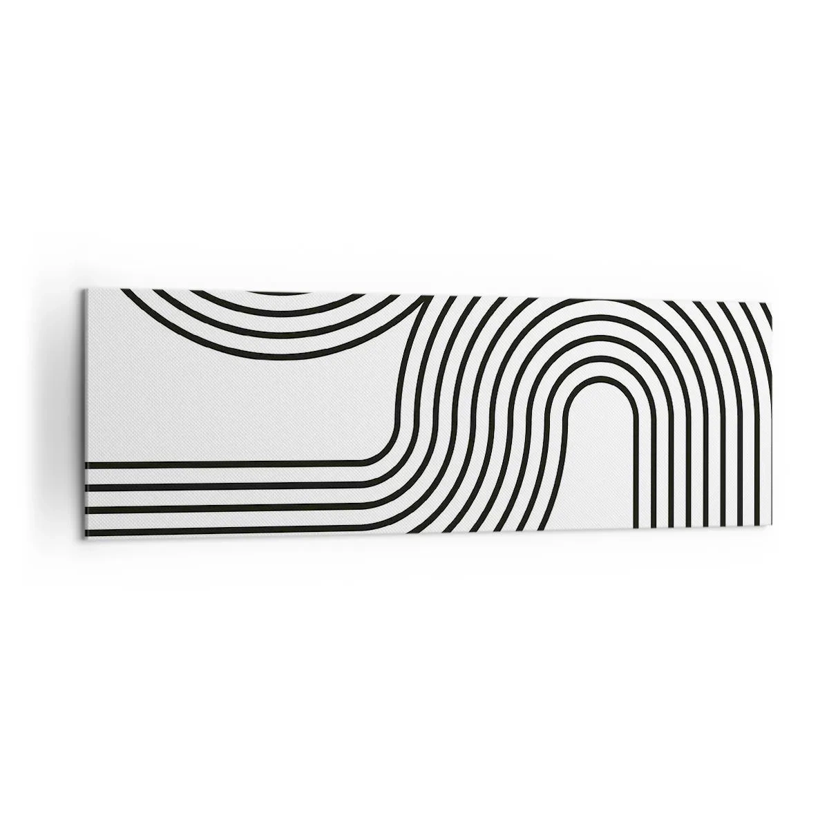 Bild auf Leinwand - Leinwandbild - Ein abstraktes Gemälde mit schwarzen Linien, die geometrische Muster auf weißem Hintergrund erzeugen. - 160x50cm - An der Kurve - Moderne Wanddekoration für Wohnzimmer und Schlafzimmer ARTTOR
