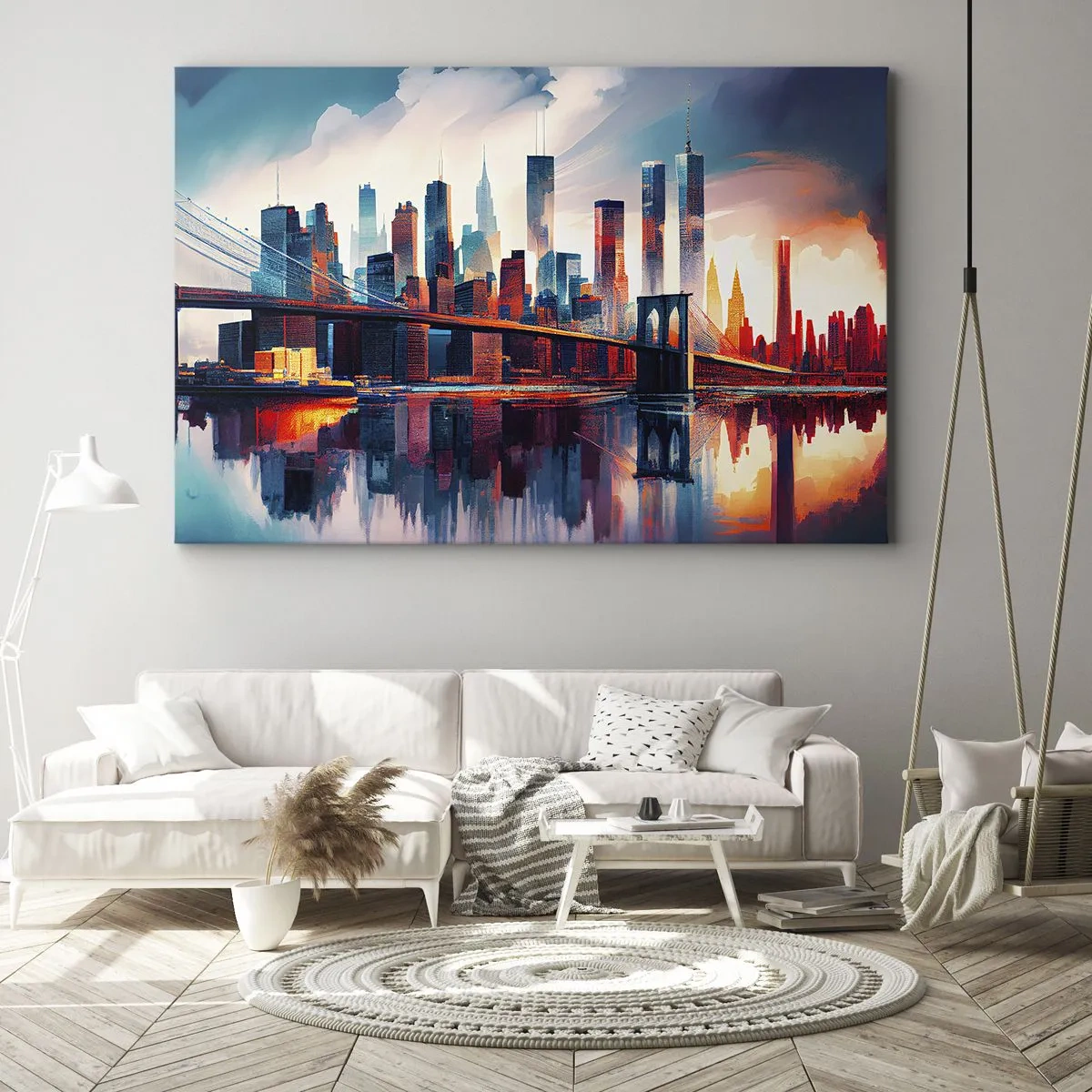 Bild auf Leinwand - Leinwandbild - New York City Panorama mit Brücke und Spiegelung im Wasser - 120x80cm - Traumhaftes New York - Moderne Wanddekoration für Wohnzimmer und Schlafzimmer ARTTOR