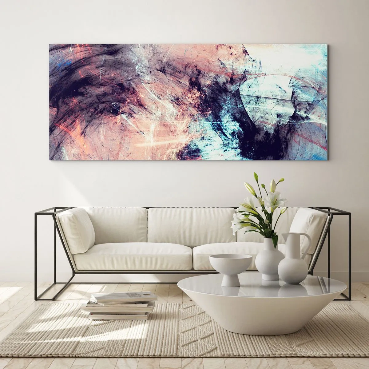 Glasbild - Bild auf glas - Abstrakte Komposition in Pastelltönen und dunklen Tönen - 140x50cm - Fühle den Wind - Moderne Wanddekoration für Wohnzimmer und Schlafzimmer ARTTOR