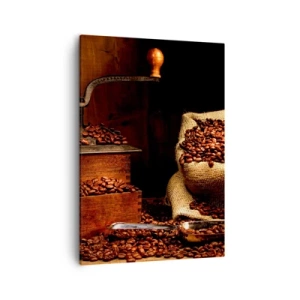 Bild auf Leinwand - Leinwandbild - Eine alte Kaffeemühle mit Bohnen und einer Tasche im rustikalen Stil. - 50x70cm - Stillleben mit Kaffeebohnen und einer Mühle - Moderne Wanddekoration für Wohnzimmer und Schlafzimmer ARTTOR