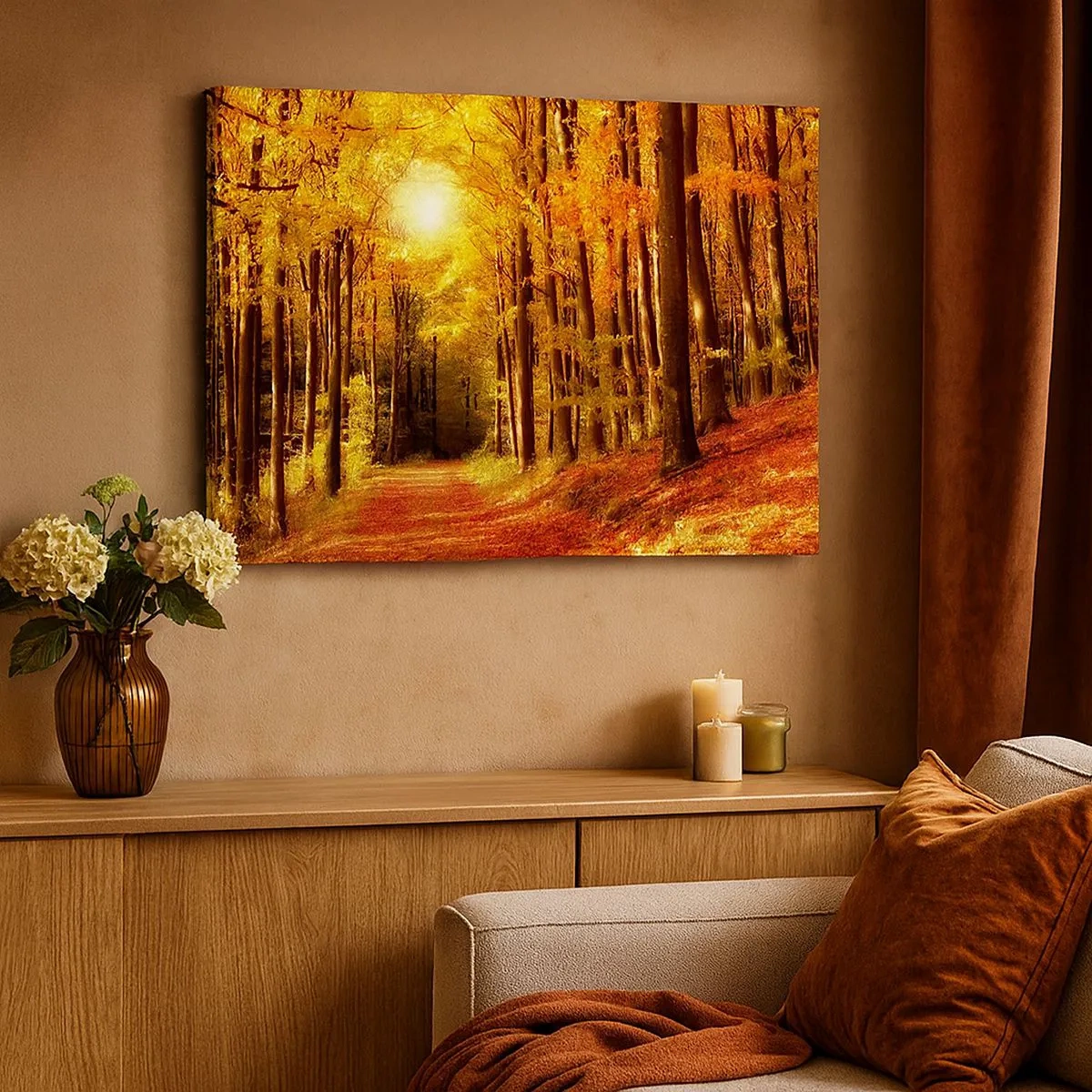 Bild auf Leinwand - Leinwandbild - Herbstwald mit Sonnenstrahlen, die durch die Bäume scheinen - 70x50cm - Goldener Herbst auf einer Forststraße - Moderne Wanddekoration für Wohnzimmer und Schlafzimmer ARTTOR