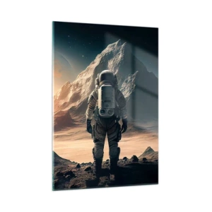 Glasbild - Bild auf glas - Astronaut auf einem fremden Planeten mit einer bergigen Landschaft - 50x70cm - Neue Herausforderung - Moderne Wanddekoration für Wohnzimmer und Schlafzimmer ARTTOR