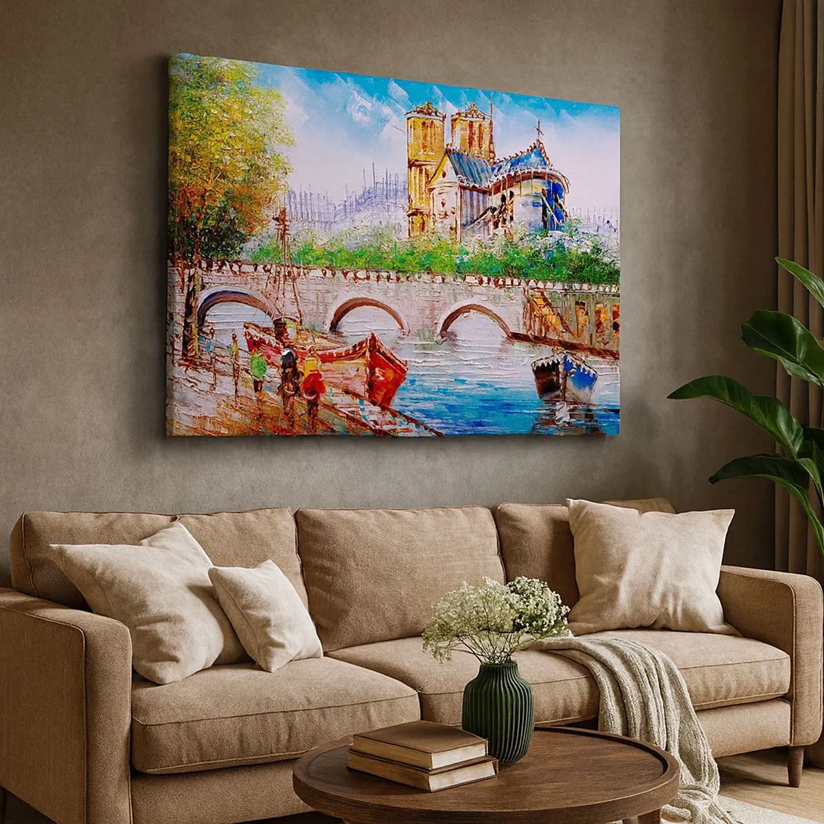 Bild auf Leinwand - Leinwandbild - Landschaft mit Brücke und Kathedrale im klassischen Stil - 70x50cm - Ihre Zeit vergeht nie - Moderne Wanddekoration für Wohnzimmer und Schlafzimmer ARTTOR
