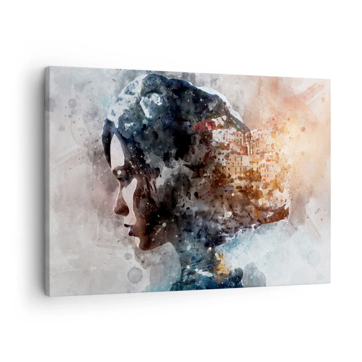 Bild auf Leinwand - Leinwandbild - Porträt einer Frau, die ihr Gesicht mit einer Stadtlandschaft im Hintergrund kombiniert - 70x50cm - Eine Geschichte über ein Mädchen mit einer Stadt im Hintergrund - Moderne Wanddekoration ARTTOR