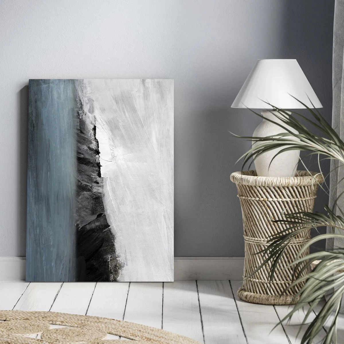 Bild auf Leinwand - Leinwandbild - Abstrakte Landschaft mit Wasser und felsigem Ufer - 80x120cm - Wasser – Erde: Kampf der Naturelemente - Moderne Wanddekoration für Wohnzimmer und Schlafzimmer ARTTOR