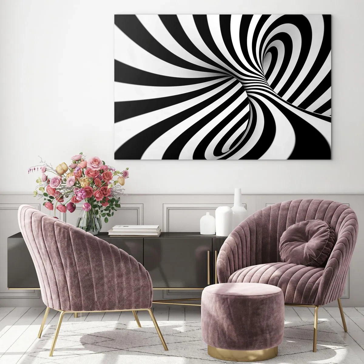Glasbild - Bild auf glas - Eine schwarz-weiße Spirale, die einen dynamischen Raumeffekt erzeugt. - 120x80cm - Komposition: Tanzraum - Moderne Wanddekoration für Wohnzimmer und Schlafzimmer ARTTOR