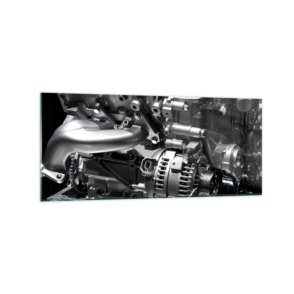 Glasbild - Bild auf glas - Nahaufnahme von metallischen Motorteilen auf schwarzem Hintergrund - 120x50cm - Stahl, schön, stark - Moderne Wanddekoration für Wohnzimmer und Schlafzimmer ARTTOR