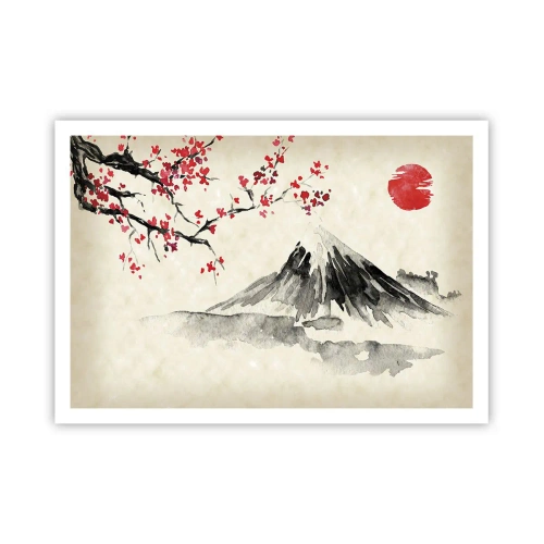 Poster - Eine malerische Landschaft mit einem Berg, Kirschblüten und Sonnenschein - 100x70cm - Liebe Japan - Moderne Wanddekoration für Wohnzimmer und Schlafzimmer ARTTOR