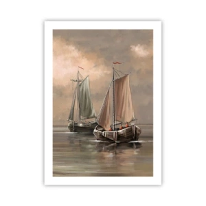 Poster - Segelboote auf ruhiger See in Pastellfarben - 50x70cm - Die Rückkehr der Matrosen - Moderne Wanddekoration für Wohnzimmer und Schlafzimmer ARTTOR