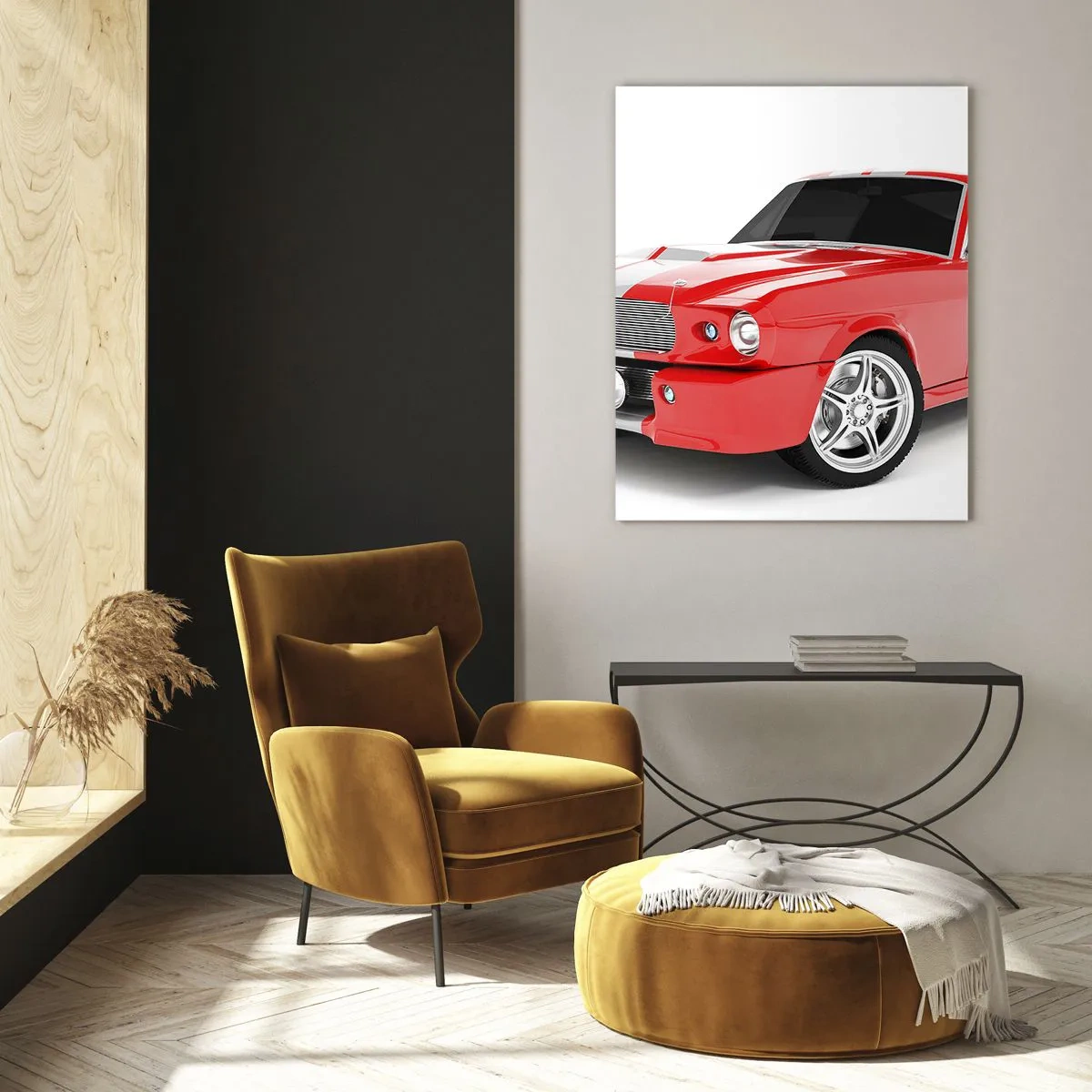 Glasbild - Bild auf glas - Roter Sportwagen mit weißen Streifen - 70x100cm - Ein Mustang so schnell wie der Wind - Moderne Wanddekoration für Wohnzimmer und Schlafzimmer ARTTOR