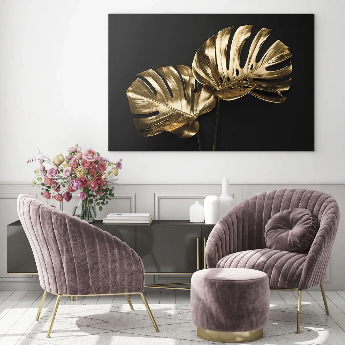 Glasbild - Bild auf glas - Goldene Monstera-Blätter auf schwarzem Hintergrund - 70x50cm - Die Schätze der Natur - Moderne Wanddekoration für Wohnzimmer und Schlafzimmer ARTTOR