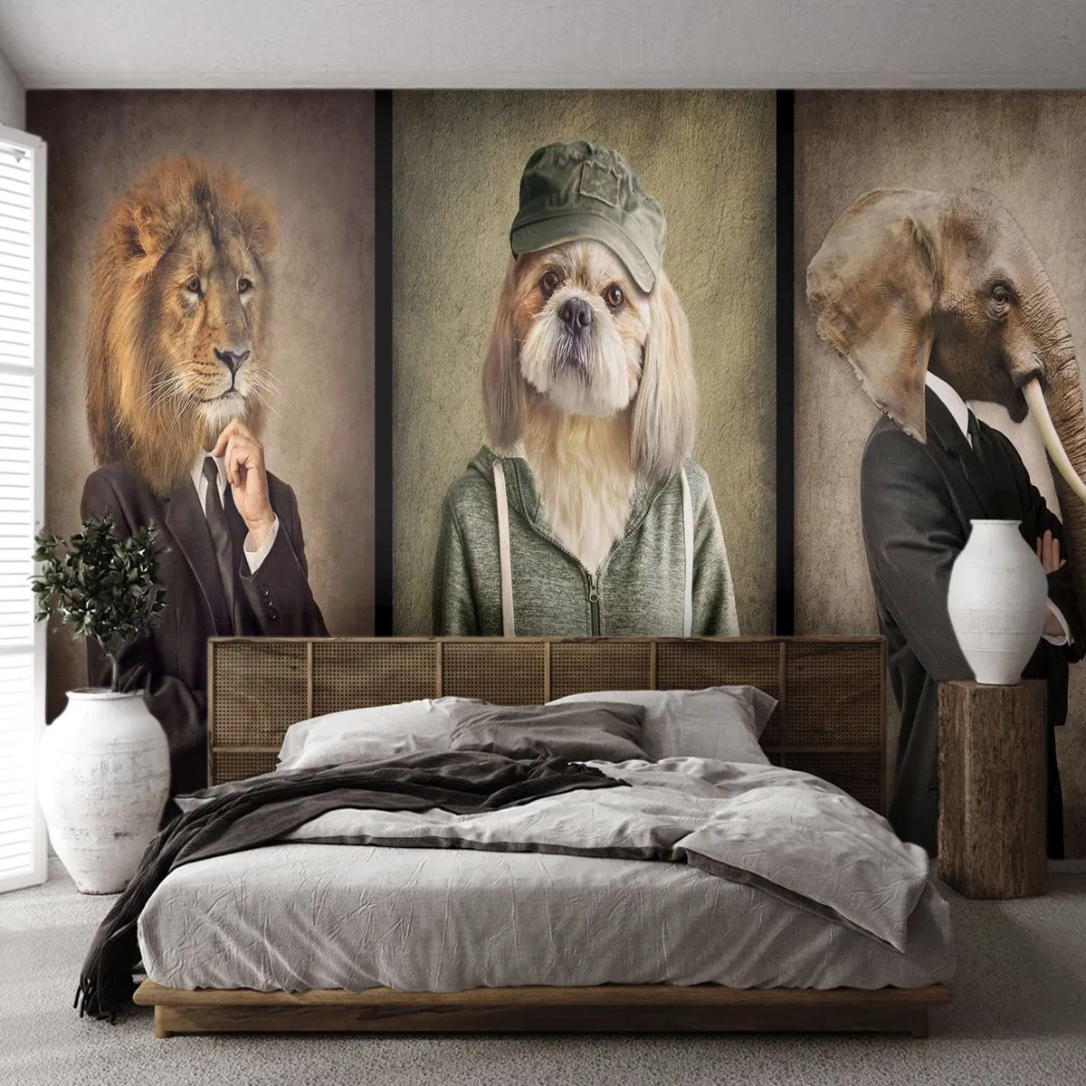 Fototapete Premium Sand - Stilisierte Tierporträts in Menschenkleidung vor Retro-Hintergrund - 100x70cm - ich bevorzuge Gelassenheit - Moderne Wanddekoration für Wohnzimmer und Schlafzimmer ARTTOR