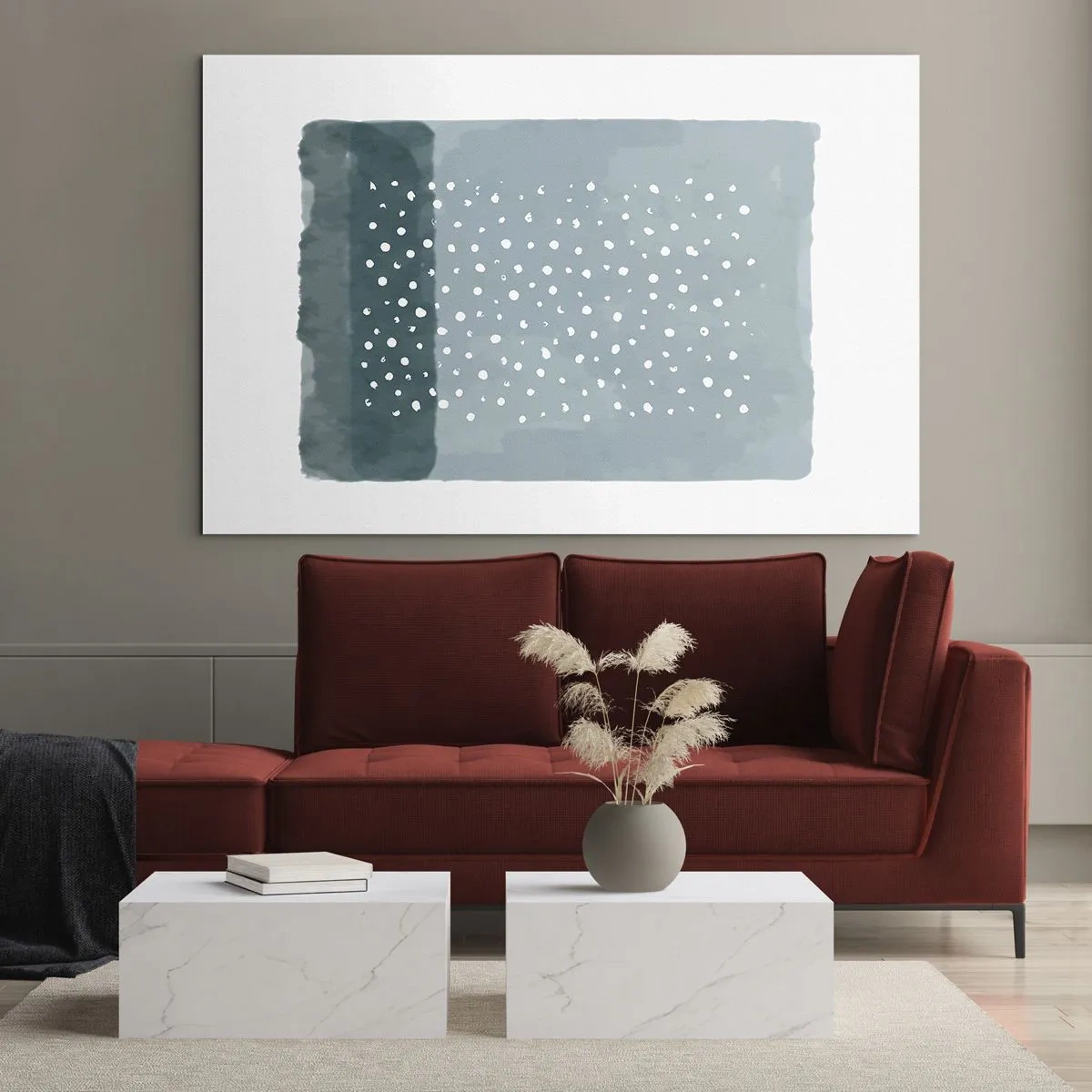 Glasbild - Bild auf glas - Ein abstraktes Gemälde in Blautönen mit weißen Punkten. - 70x50cm - Auf Blau gewachsen - Moderne Wanddekoration für Wohnzimmer und Schlafzimmer ARTTOR