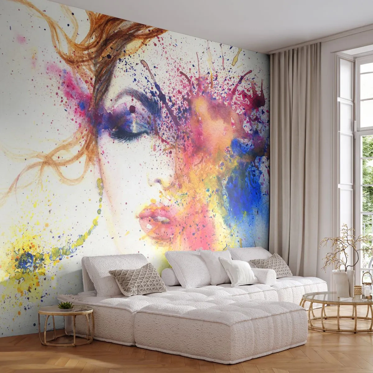 Fototapete Premium Sand - Porträt einer Frau in Aquarellfarben - 100x70cm - Regenbogenschwindel - Moderne Wanddekoration für Wohnzimmer und Schlafzimmer ARTTOR