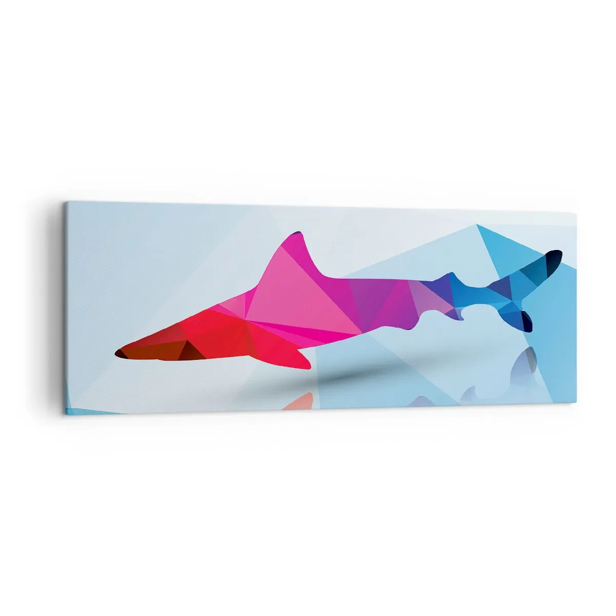 Bild auf Leinwand - Leinwandbild - Geometrische Hai-Silhouette in Rosa- und Blautönen - 140x50cm - Ein Hai in einem Kristallraum - Moderne Wanddekoration für Wohnzimmer und Schlafzimmer ARTTOR