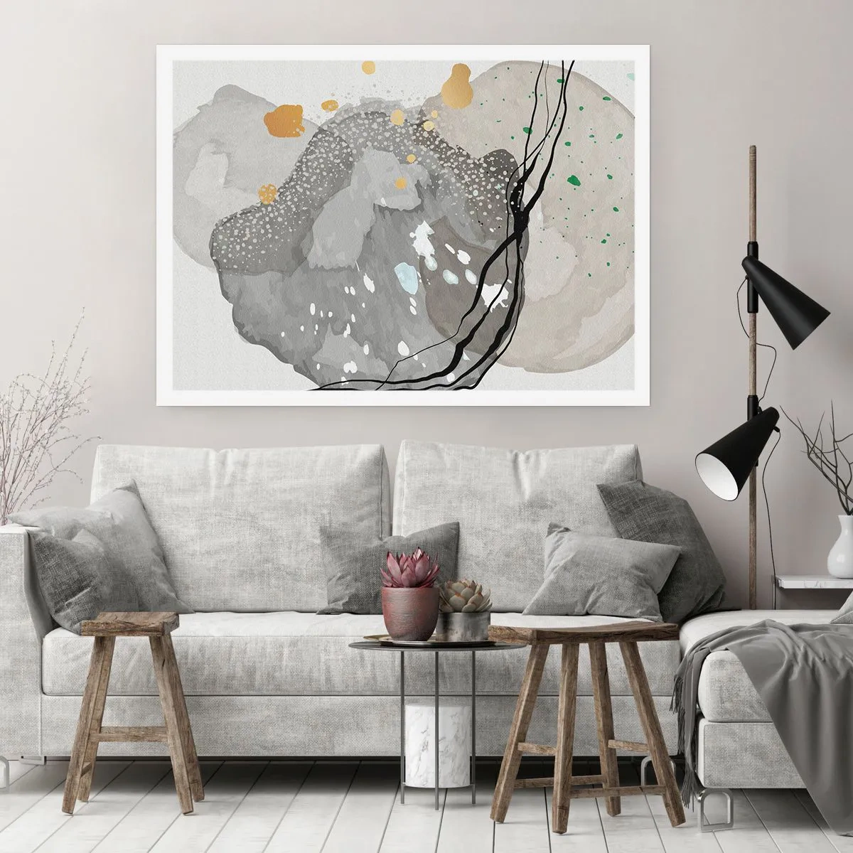 Poster - Organische Formen in Grautönen mit Akzenten in Schwarz und Gold - 100x70cm - Organische Komposition - Moderne Wanddekoration für Wohnzimmer und Schlafzimmer ARTTOR