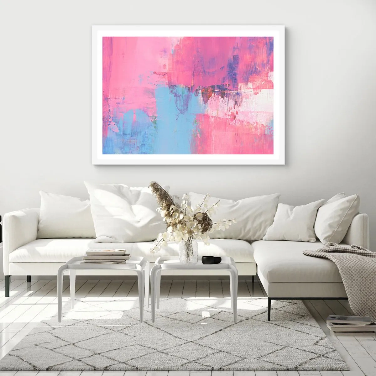 Poster in einem weißen Rahmen - Rosa, Blau und eine Prise Licht - 50x40 cm