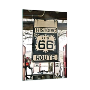 Glasbild - Bild auf glas - Vintage-Zapfsäulen und Route 66-Schild - 50x70cm - Amerikanische Retro-Reise - Moderne Wanddekoration für Wohnzimmer und Schlafzimmer ARTTOR