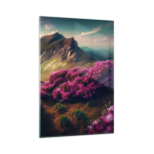 Glasbild - Bild auf glas - Berglandschaft mit blühenden Rhododendren - 80x120cm - Sommer in den Bergen - Moderne Wanddekoration für Wohnzimmer und Schlafzimmer ARTTOR