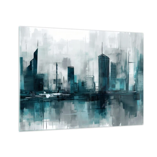 Glasbild - Bild auf glas - Eine moderne Stadt in Blau- und Grautönen - 70x50cm - Eine Stadt in der Farbe des Regens - Moderne Wanddekoration für Wohnzimmer und Schlafzimmer ARTTOR