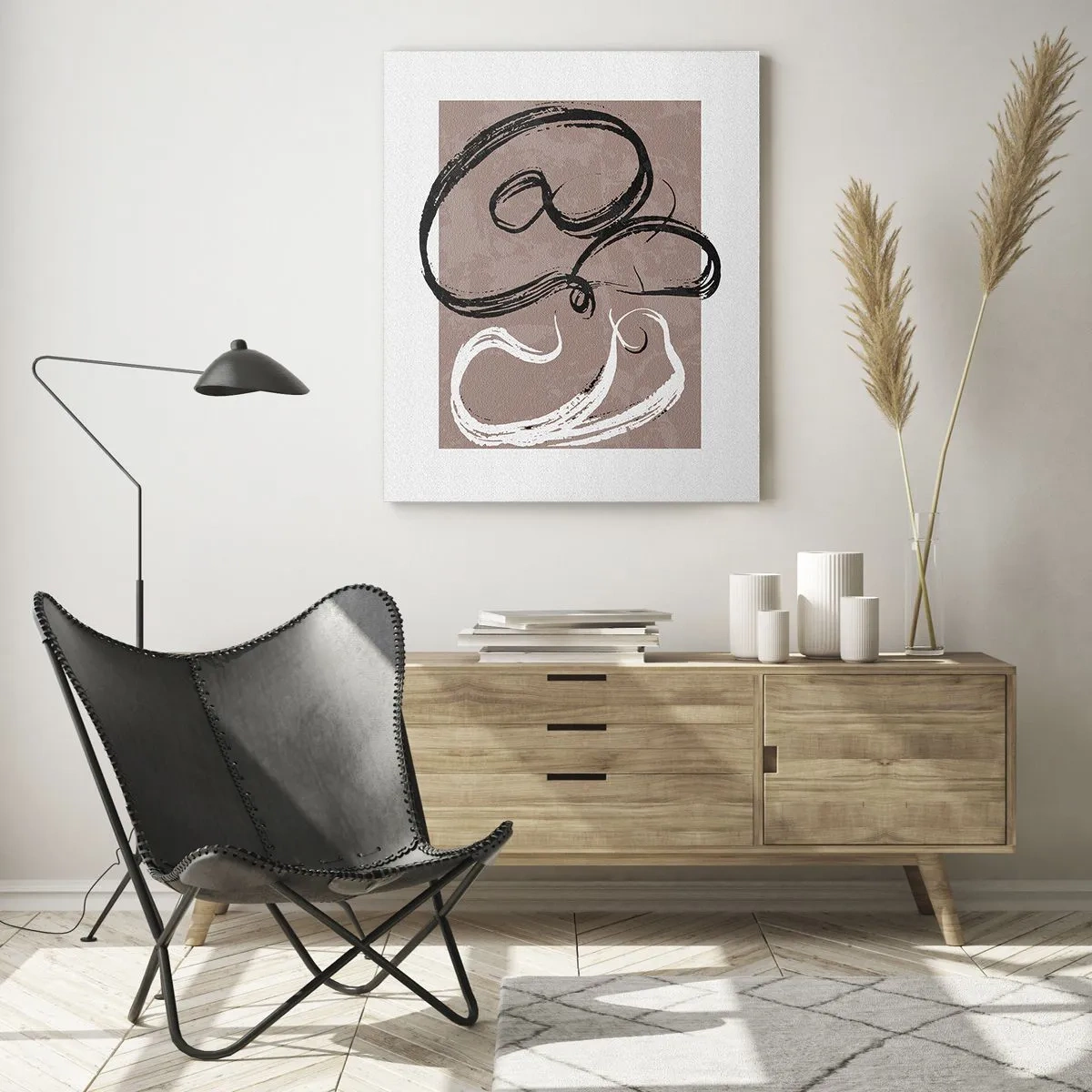 Glasbild - Bild auf glas - Schwarz-weiße Abstraktion auf beigem Hintergrund - 70x100cm - Komposition – die Suche nach Fülle - Moderne Wanddekoration für Wohnzimmer und Schlafzimmer ARTTOR