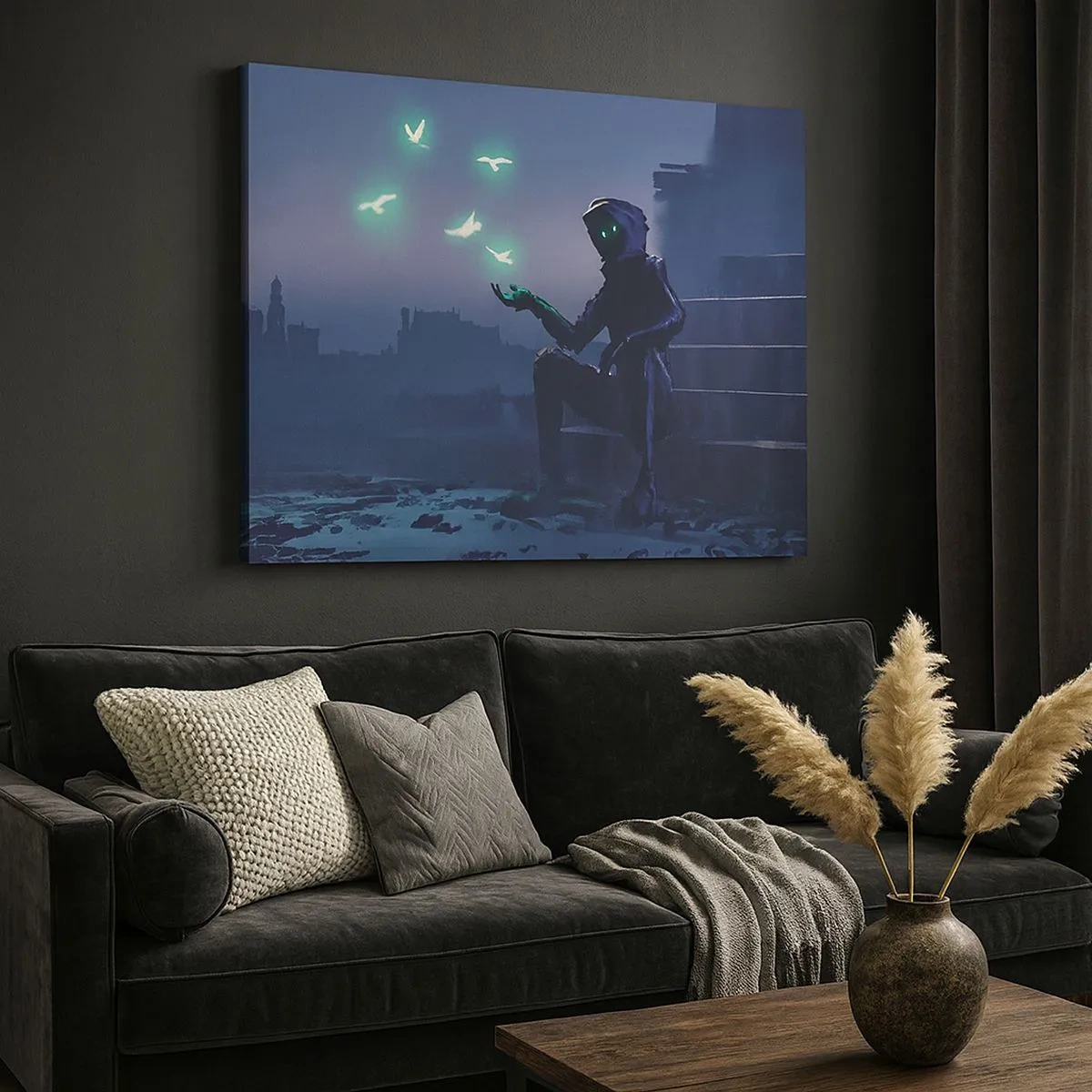 Bild auf Leinwand - Leinwandbild - Eine vermummte Figur mit magischen Vögeln im Hintergrund einer Stadt - 70x50cm - Das Leben wird zurückkommen - Moderne Wanddekoration für Wohnzimmer und Schlafzimmer ARTTOR