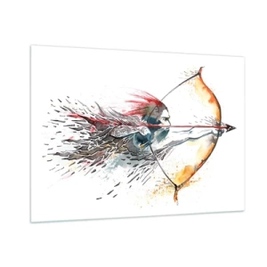Glasbild - Bild auf glas - Bogenschütze in einer dynamischen Aquarellkulisse - 100x70cm - Mythischer Krieger mit feurigem Bogen - Moderne Wanddekoration für Wohnzimmer und Schlafzimmer ARTTOR