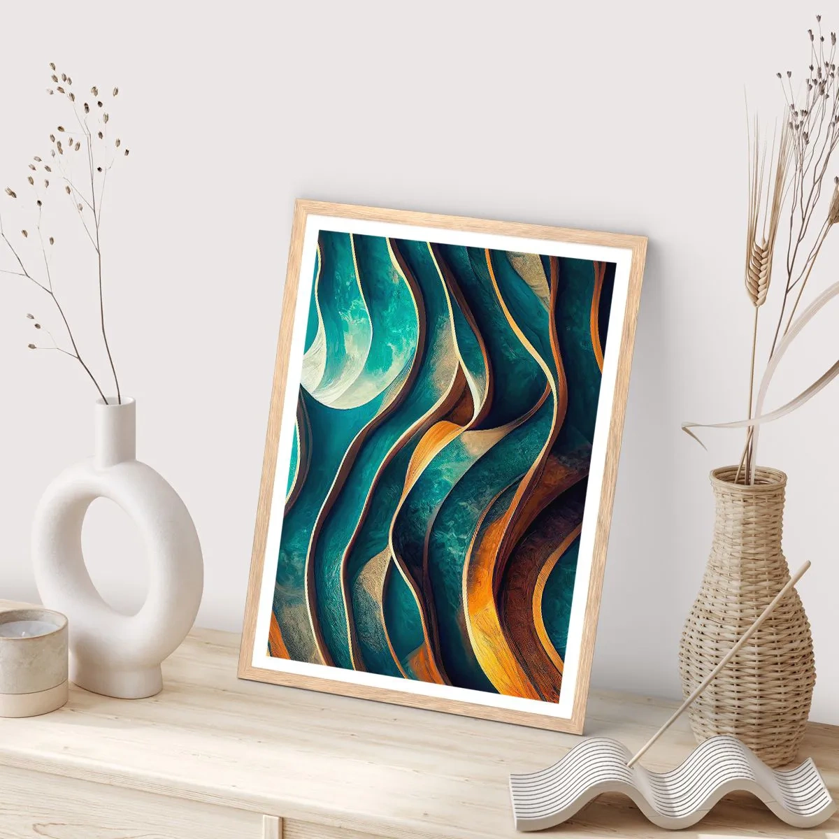 Poster in einem Rahmen aus heller Eiche - Blaue Mäander - 40x50 cm