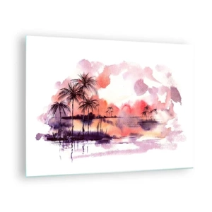Glasbild - Bild auf glas - Tropische Landschaft bei Sonnenuntergang in Aquarell - 70x50cm - Die Ruhe der Tropen in Rot - Moderne Wanddekoration für Wohnzimmer und Schlafzimmer ARTTOR