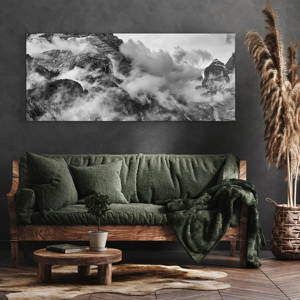 Bild auf Leinwand - Leinwandbild - Schwarz-Weiß-Ansicht der von Wolken umgebenen Berge - 160x50cm - Schön und grausam - Moderne Wanddekoration für Wohnzimmer und Schlafzimmer ARTTOR
