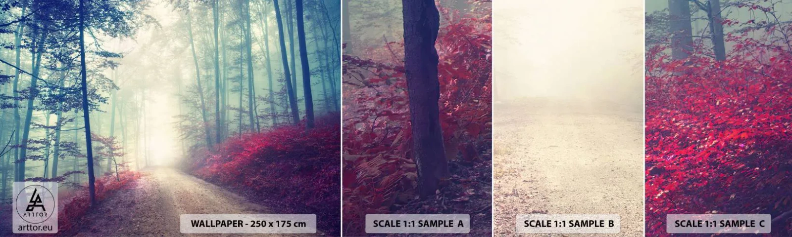 Fototapeten Muster Selbstklebend Deluxe Sticker - Wie gut ist es, im Morgengrauen aufzustehen - Landschaft, Wald, Forststraße - 100x30 cm