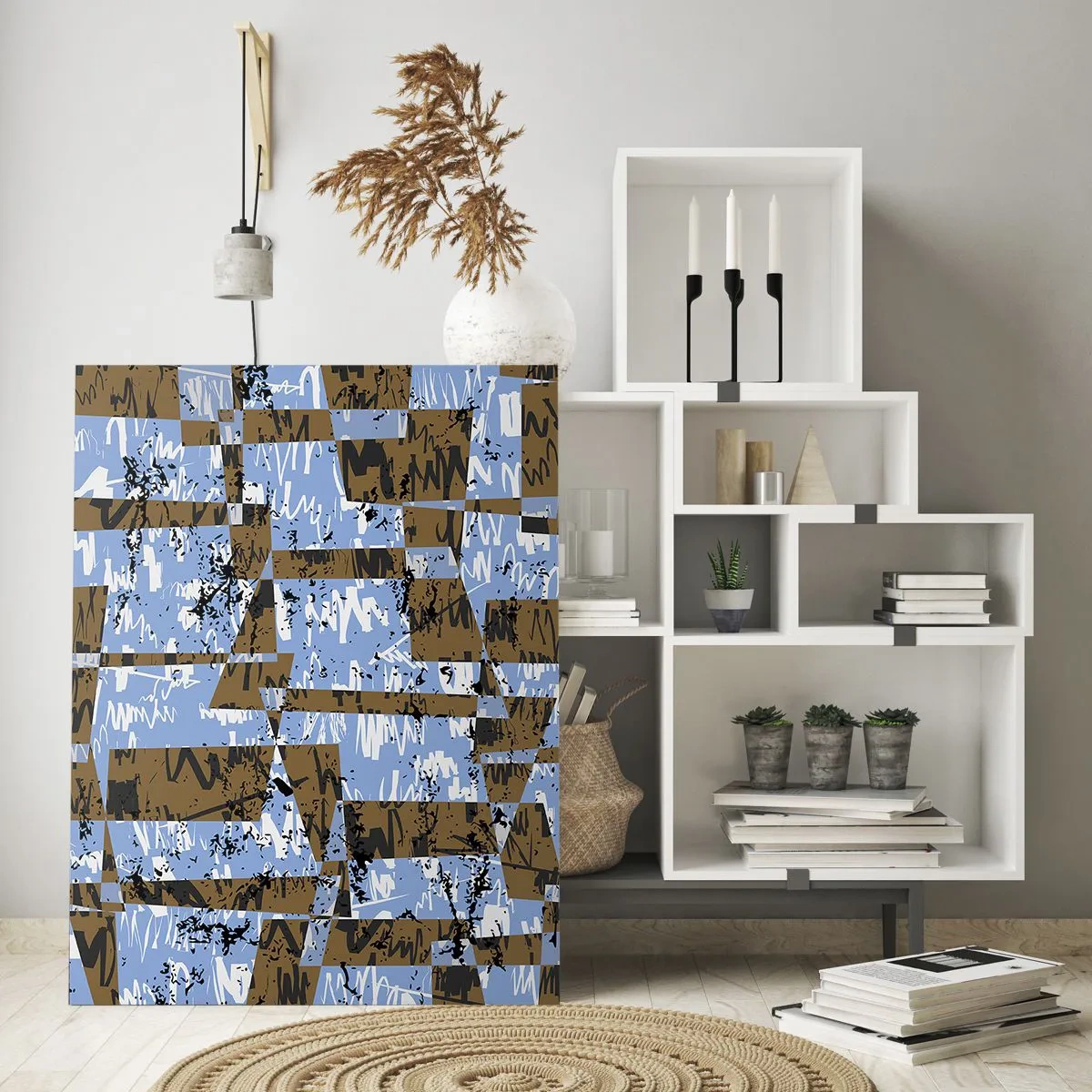 Glasbild - Bild auf glas - Eine abstrakte Komposition aus Rechtecken in Braun- und Blautönen. - 70x100cm - Ein nicht-menschlicher Ausschnitt - Moderne Wanddekoration für Wohnzimmer und Schlafzimmer ARTTOR
