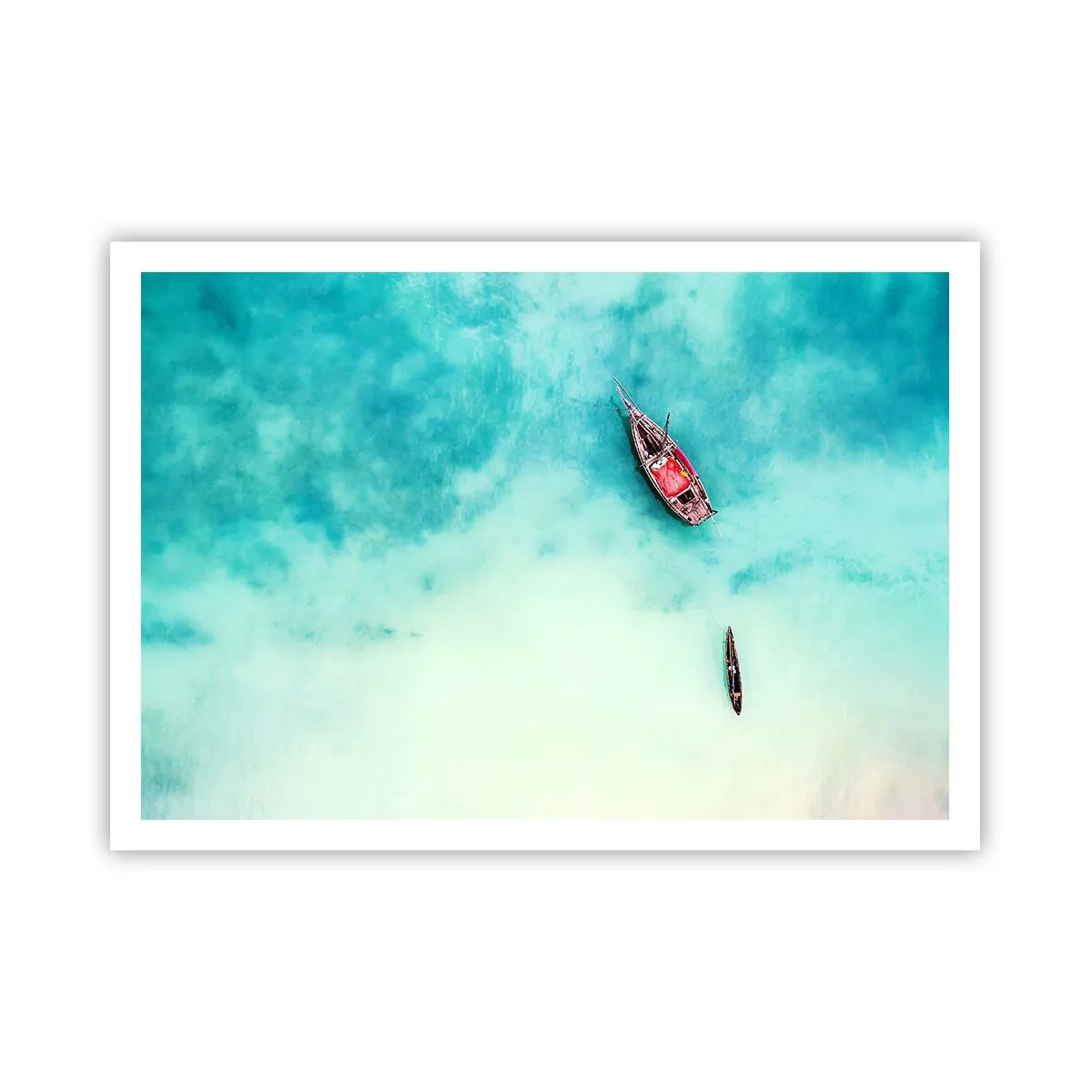 Poster - Boote auf türkisfarbenem Wasser aus der Vogelperspektive - 100x70cm - Denn an den Stränden von Sansibar, wenn der Wasserüberschuss ... - Moderne Wanddekoration für Wohnzimmer und Schlafzimmer ARTTOR