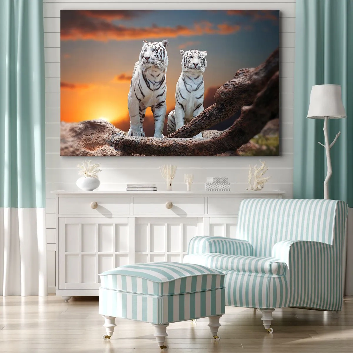 Bild auf Leinwand - Leinwandbild - Weiße Tiger in der untergehenden Sonne vor der Kulisse der Natur - 70x50cm - Genau wie Narnia - Moderne Wanddekoration für Wohnzimmer und Schlafzimmer ARTTOR