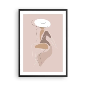 Poster in einem schwarzem Rahmen - Ein minimalistisches Bild einer Frau mit Hut auf beigem Hintergrund. - 50x70cm - Eine Dame sein - Moderne Wanddekoration für Wohnzimmer und Schlafzimmer ARTTOR